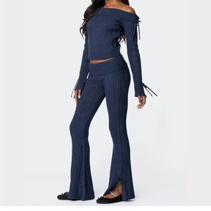 Edikted Cable Knit Sweater & Flare Pants Set in Navy